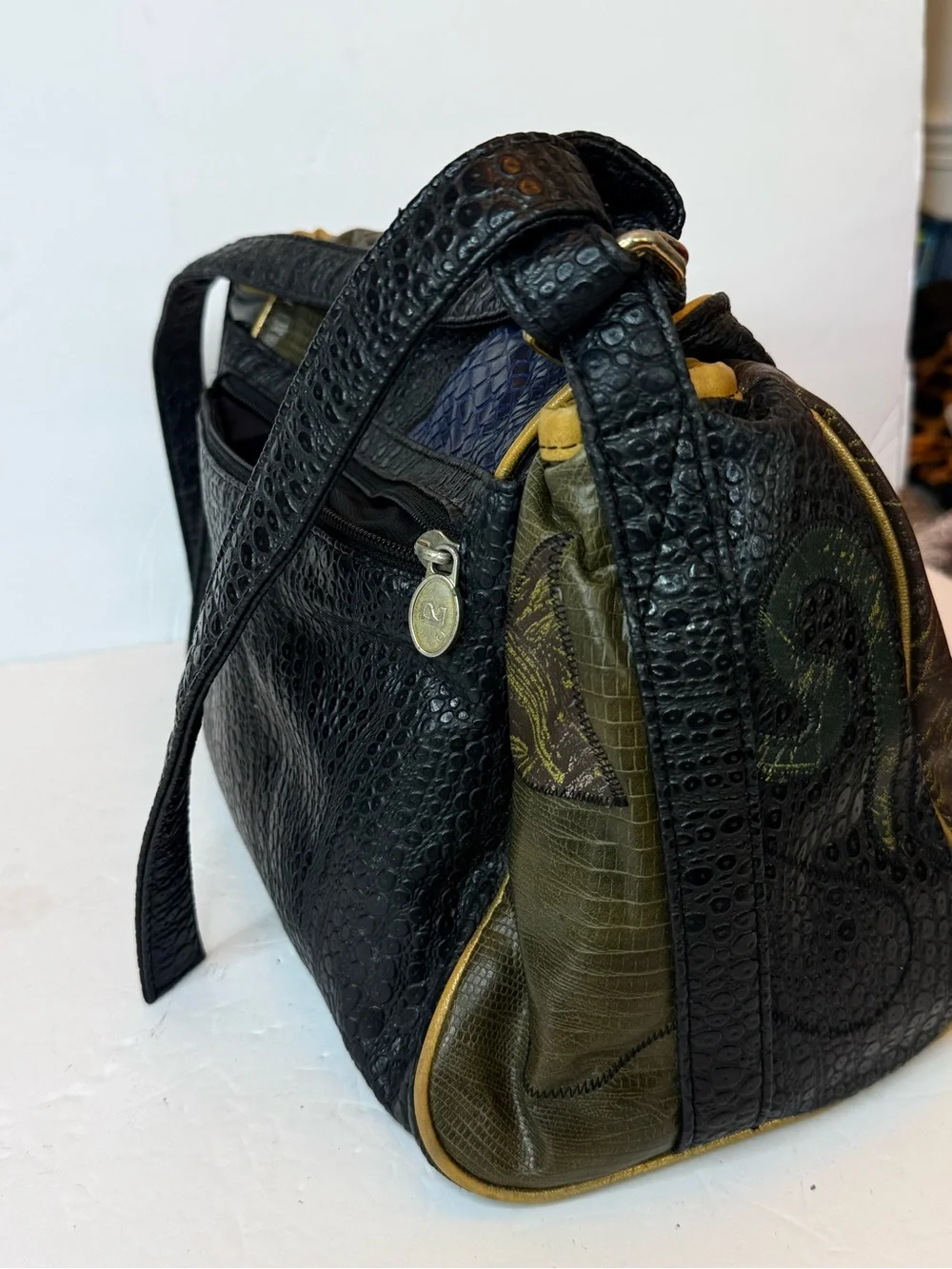Vintage Artisan Abstract Patchwork Shoulder Bag in Green and Gold
